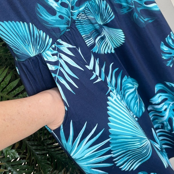Tropical Palm Print Navy Teal Spaghetti Strap Sundress w/ Pockets Casual Dress - Picture 13 of 16